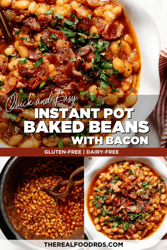Overhead view of instant pot baked beans in a white bowl topped with crumbled bacon and fresh herbs and another image of baked beans in an instant pot being stirred with a wooden spoon. 