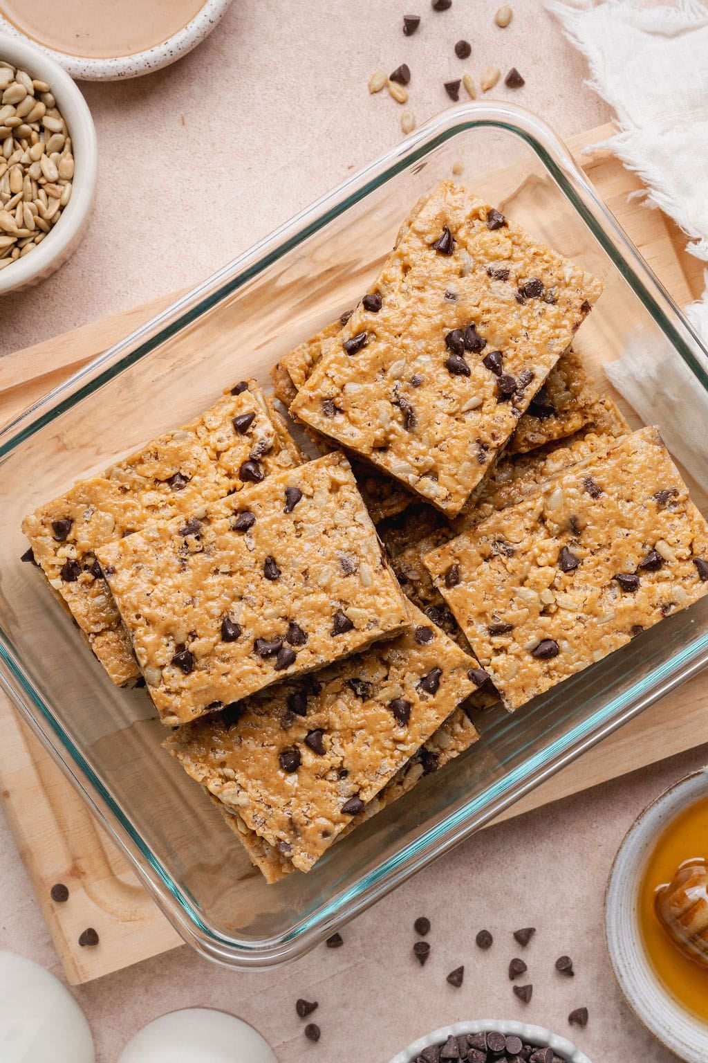 Homemade Clif bars in a glass container.