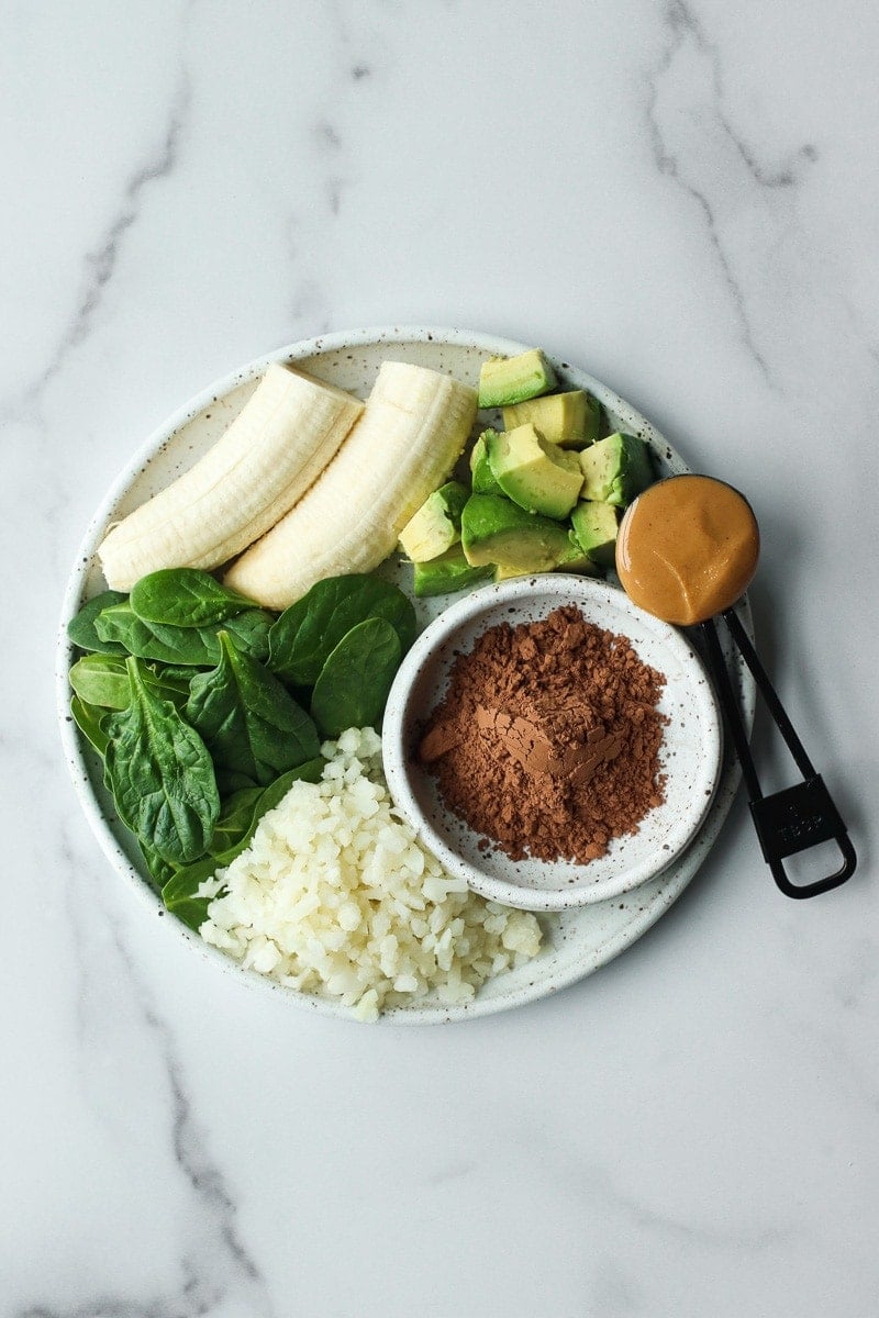 All ingredients for chocolate banana smoothie bags