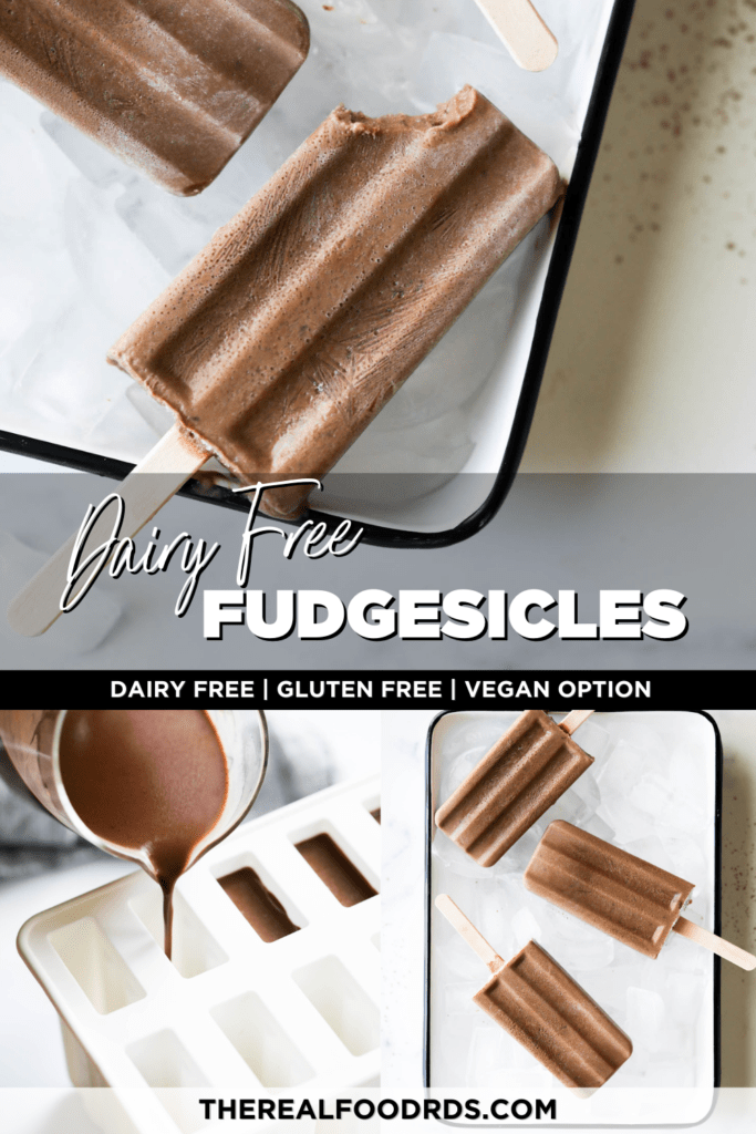 Dairy Free Fudgesicles in three stages; being poured into popsicles molds, served on a platter, a bite taken from one fudge pop