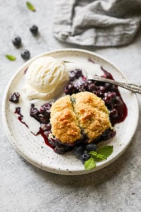 Blueberry cobbler on a speckled plate with a scoop of ice cream on the side