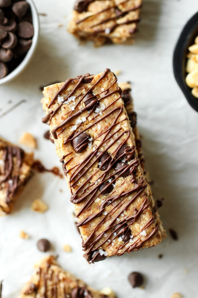 Vegan Protein Bars drizzled with chocolate and topped with flakey sea salt. 