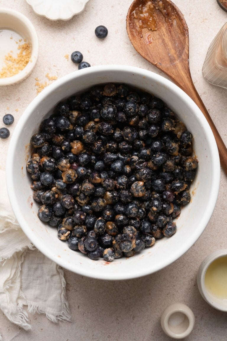 Overhead view of a bowl of blueberries