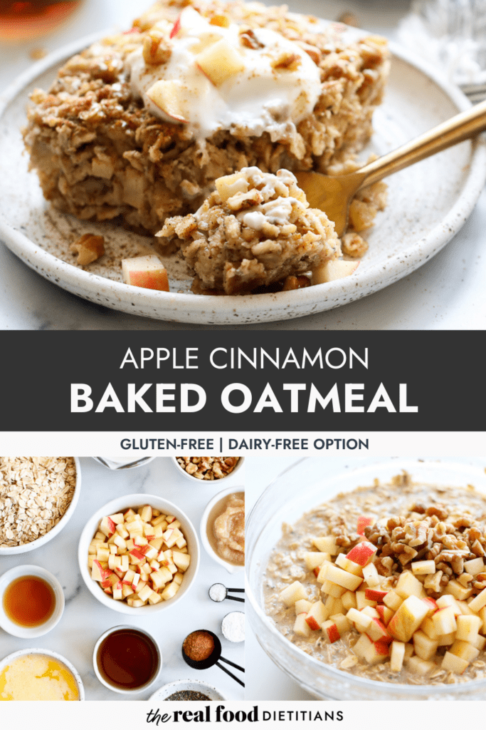 Three images of apple cinnamon baked oatmeal topped with yogurt and sprinkled with cinnamon in a collage for a Pinterest pin.