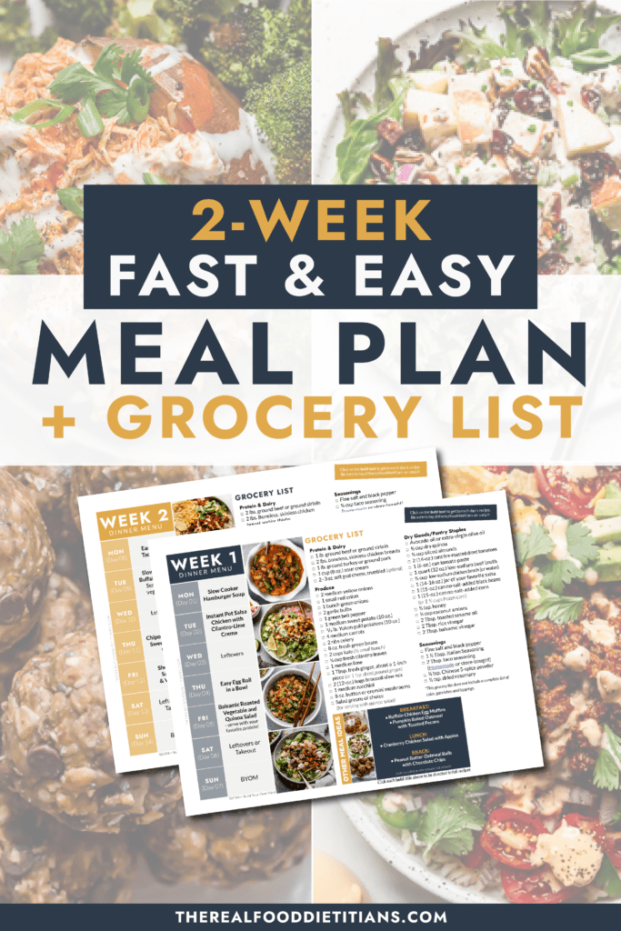 A Pinterest pin with a collage of healthy dinner recipes and a two week meal plan printable overlaid.