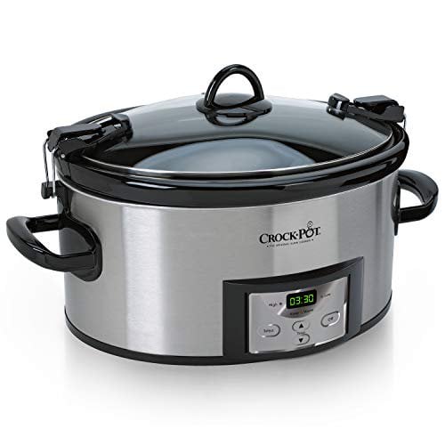 Silver and black Crockpot with lid against a white background.