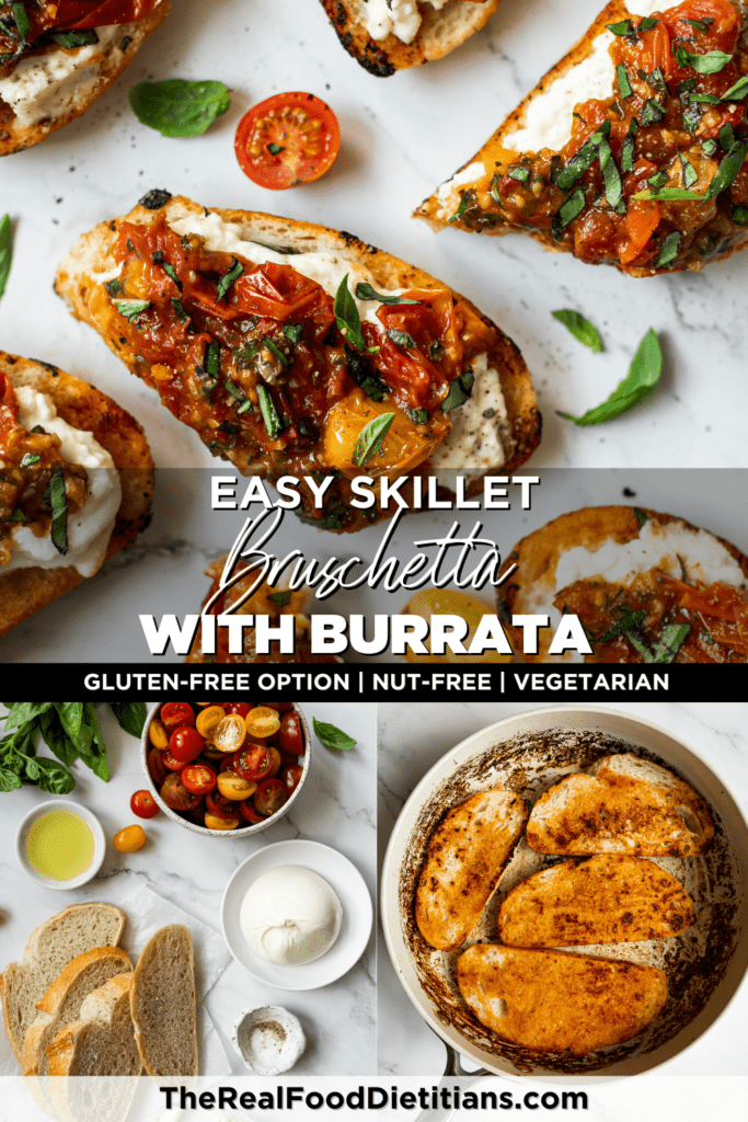 Three images of bruschetta; all ingredients for burrata toast on a counter, crusty bread toasting in a skillet, freshly made bruschetta topped with burrata, tomatoes, and basil.