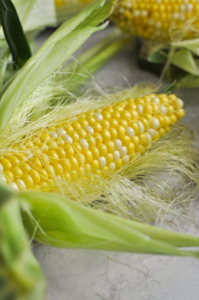 An ear of corn with the husk and silk partially removed to reveal the yellow corn kernels