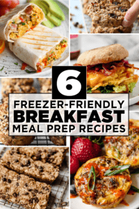 Six different breakfast recipes with text overlay for Freezer-Friendly Breakfast Meal Prep Recipes