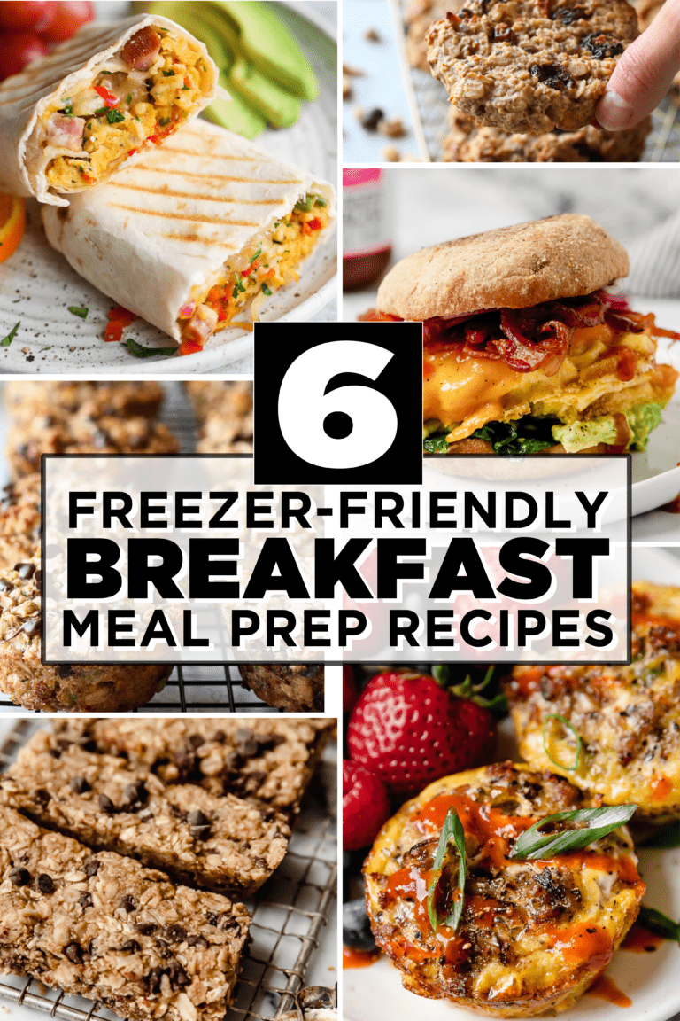 6 Freezer-friendly Breakfast Meal Prep Recipes in a collage with text overlay.