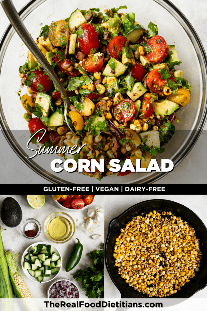 Three images for Summer Corn Salad; all ingredients for corn and avocado salad, corn kernels being charred in a cast iron skillet, and corn salad tossed in chili-lime vinaigrette in a mixing bowl