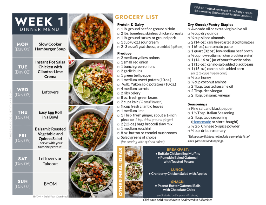 Week one dinner menu laid out with what to serve on the left with a grocery list on the right.