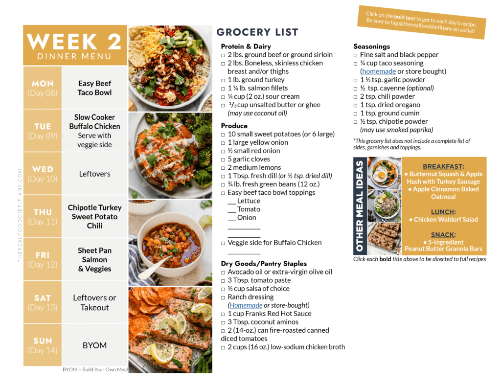 Week 2 dinner menu with images of dinner recipes on the left and grocery list on the right.