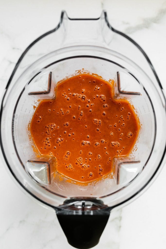 Creamy tomato soup in a blender.
