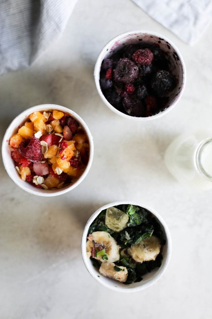 Overhead view of three overnight oat bowls from Daily Harvest. 