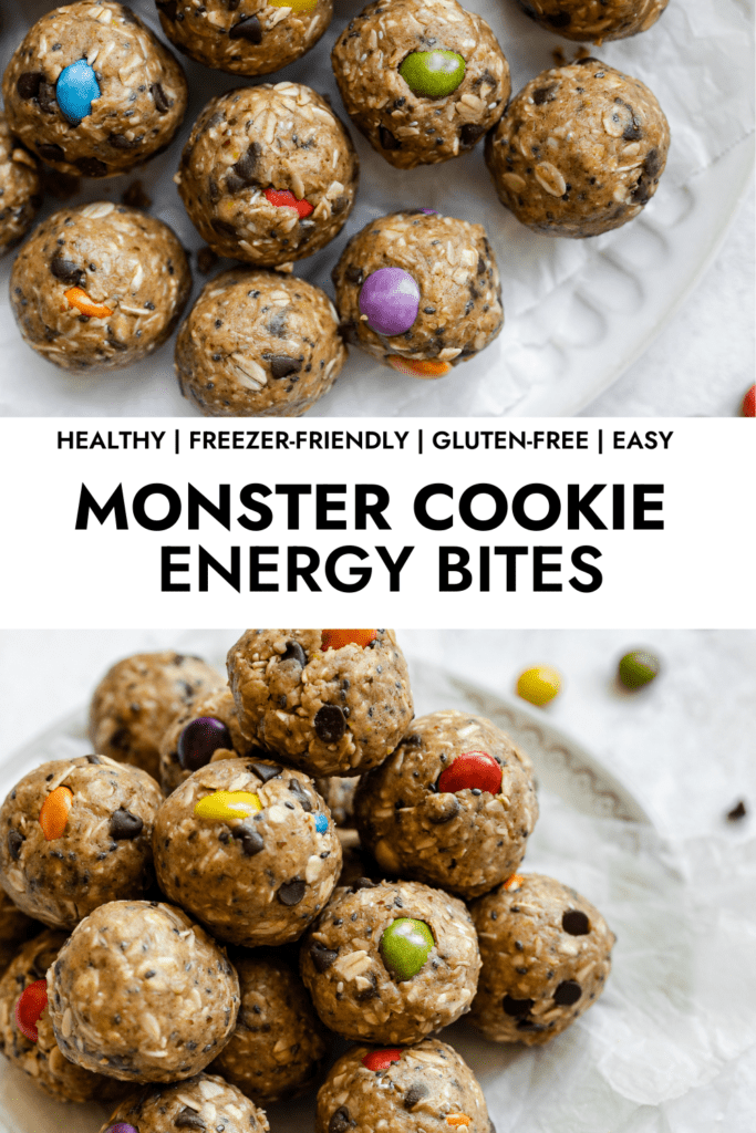 Two images of Monster Cookie Energy Bites with colorful candy-coated chocolate pieces in each bite.