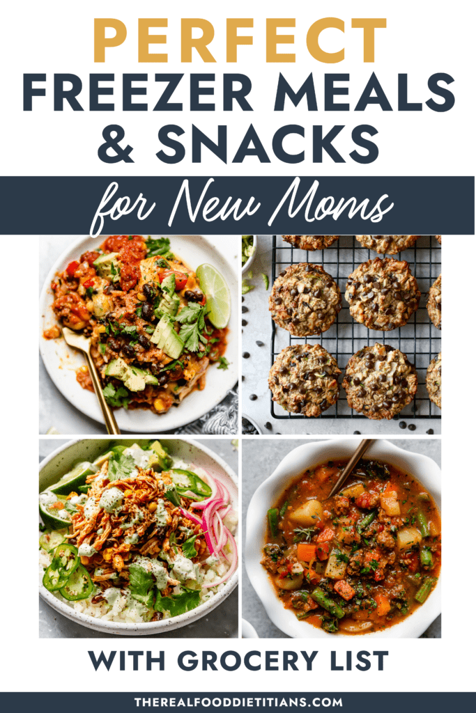 A collage of healthy dinners and snacks for a freezer meal and snack guide.