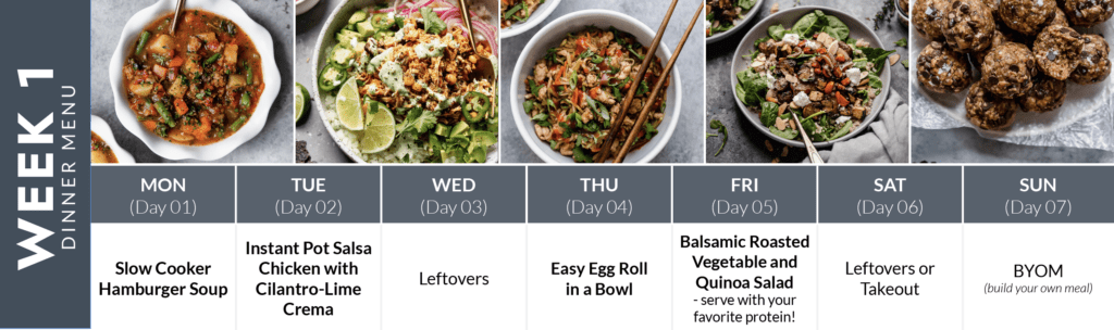 Week 1 of a two-week meal plan with images of dinner recipes with recipe title below.