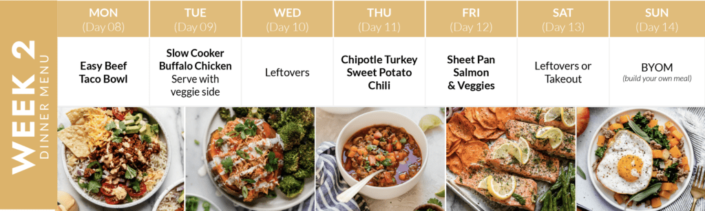 Week 2 of a two-week meal plan featuring an image of each dinner recipe with name of recipe listed above image.