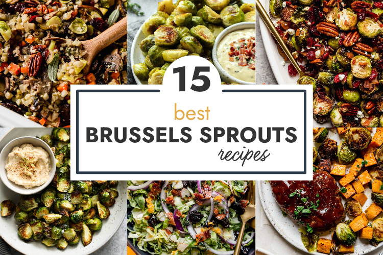 A collage of Brussels sprouts appetizers, dinners, and side salads.