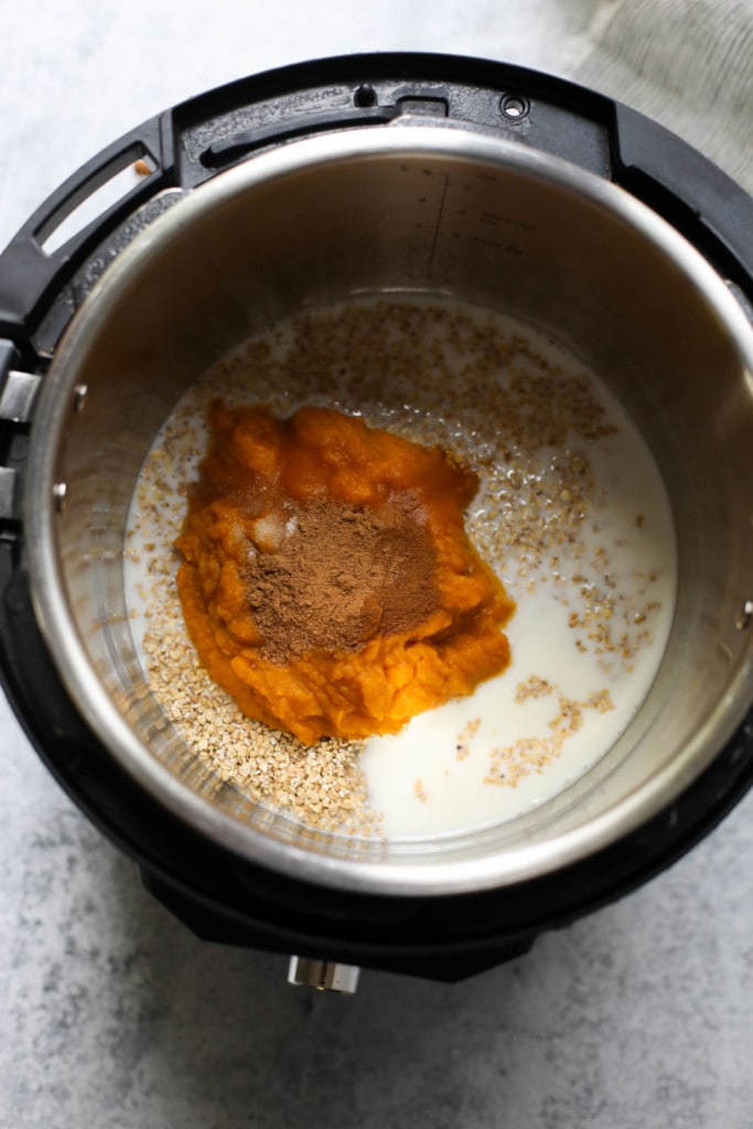 All ingredients for pumpkin steel cut oatmeal in an Instant Pot