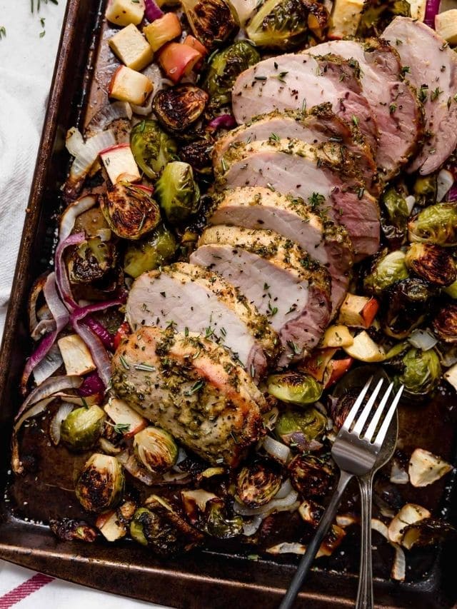 One Pan Pork Loin with Brussels and Apples