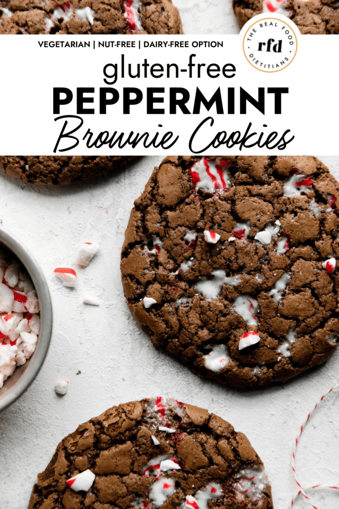 A close up view of peppermint brownie cookies made gluten-free with melted peppermint candy pieces melted into the tops.