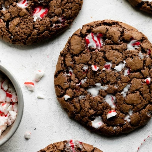 Close up view of peppermint brownie cookies on a counter