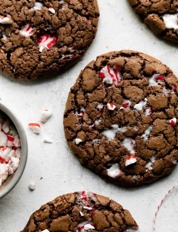 Close up view of peppermint brownie cookies on a counter
