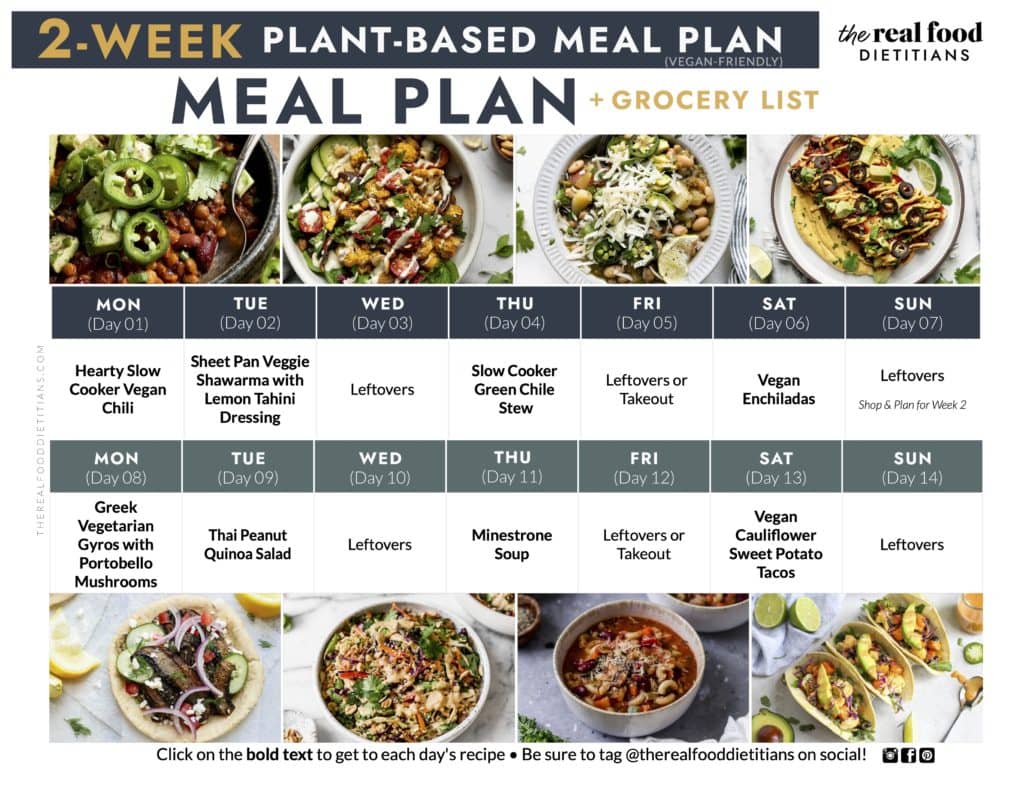 A 2-week plant-based menu with images of each dinner along a calendar