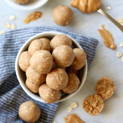overhead view of 3-Ingredient Peanut Butter Bites in a white bowl