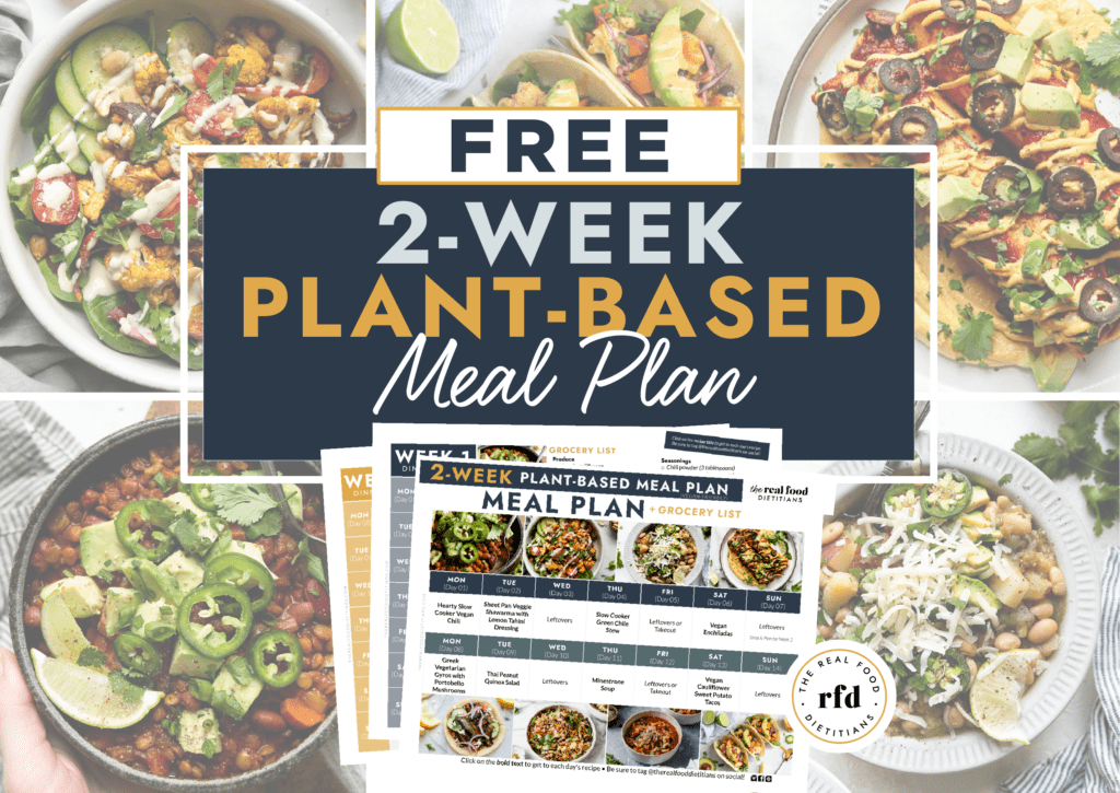 A collage of herbal meals with text overlay for a 2-week plant-based meal plan.