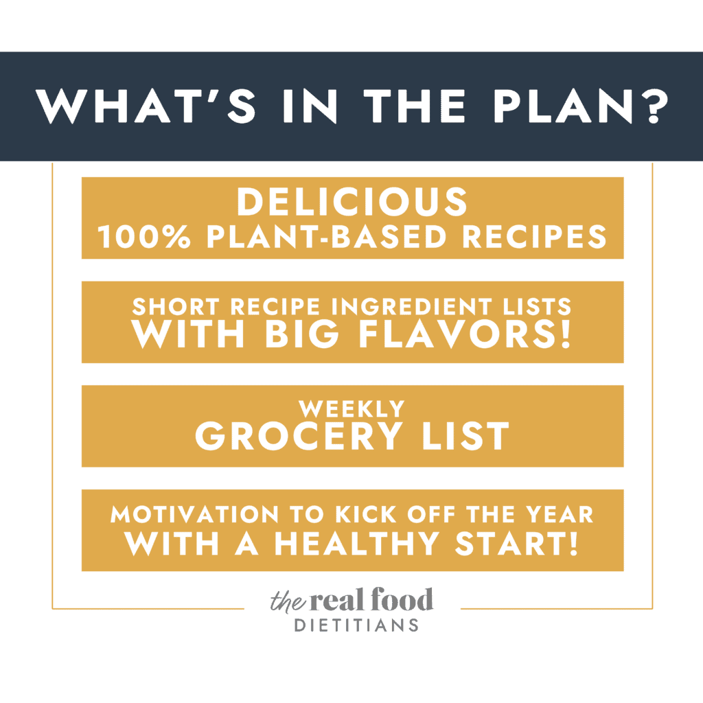 Graphic explaining what's included in a 2-week plant-based meal plan.