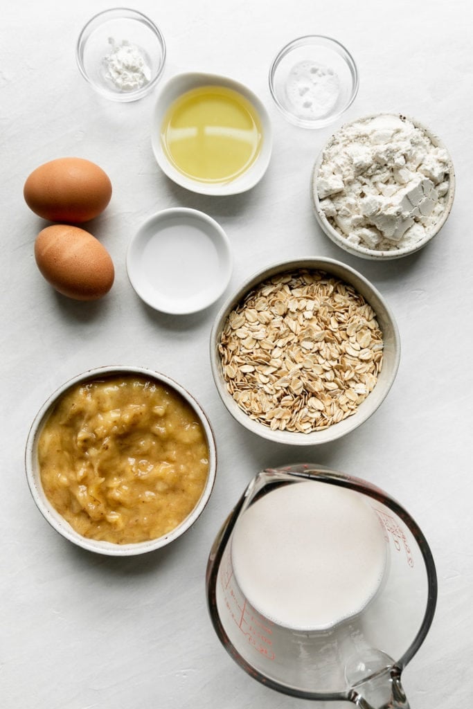 Overhead view of all ingredients for banana oatmeal pancakes