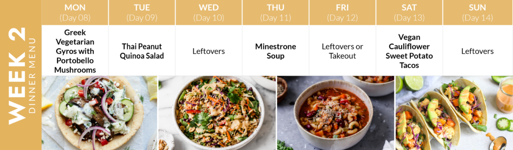 Four vegan dinners as part of a 2-week plant-based meal plan.