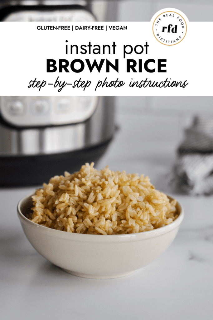 Instant Pot Brown Rice in a cream colored bowl with an Instant Pot in the background.