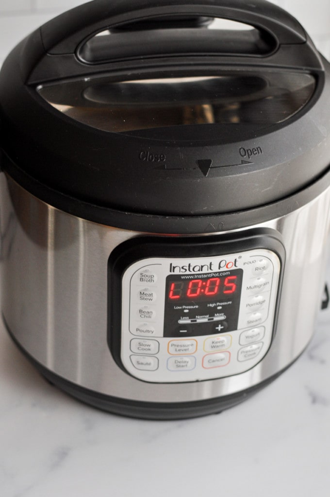 Overhead view of Instant Pot with 5 minutes on the timer