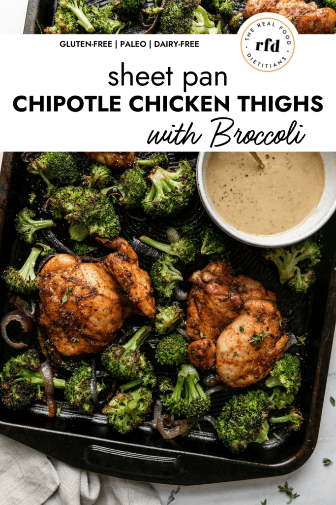 Chipotle chicken thighs on a sheet pan with broccoli and red onion, a small bowl of honey mustard sauce on the side. 