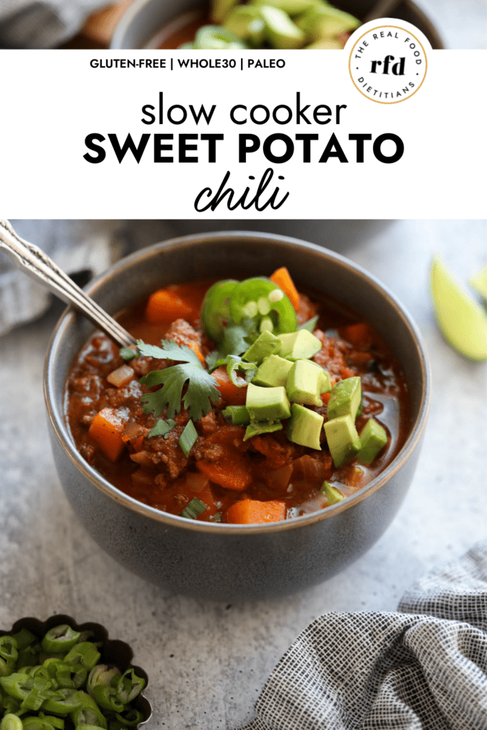 Bean-free slow cooker sweet potato chili served in a grey bowl with a silver spoon, topped with avocado, jalapeno slices, and fresh cilantro.