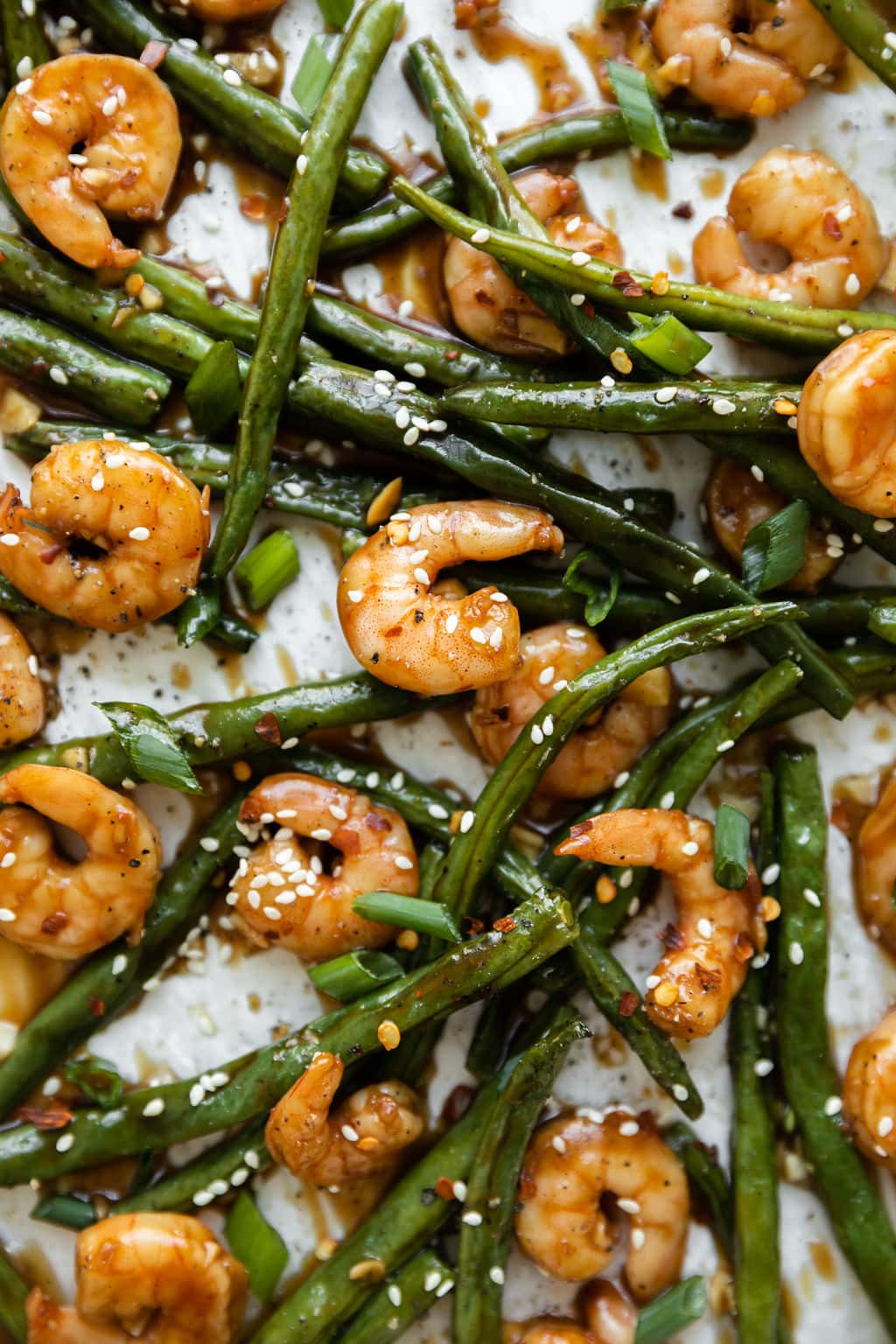 Close up view of Sheet Pan Honey Garlic Shrimp Dinner