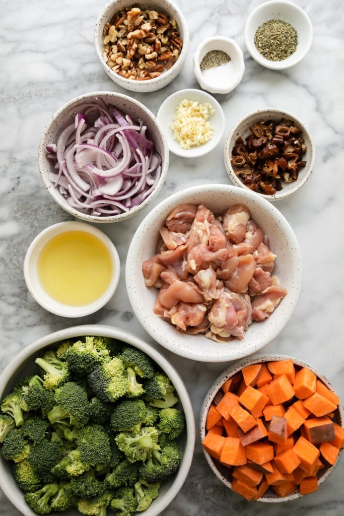 All ingredients for One Dish Chicken Sweet Potato Bake with Broccoli arranged together