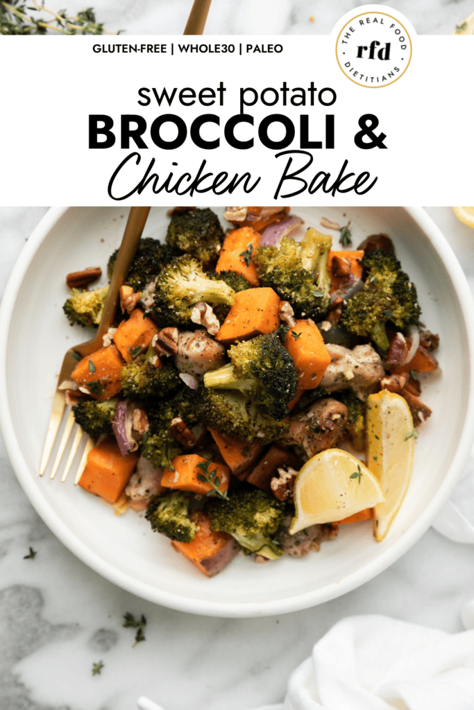 Sweet potato broccoli and chicken bake plated on a white plate with a gold fork on the side.
