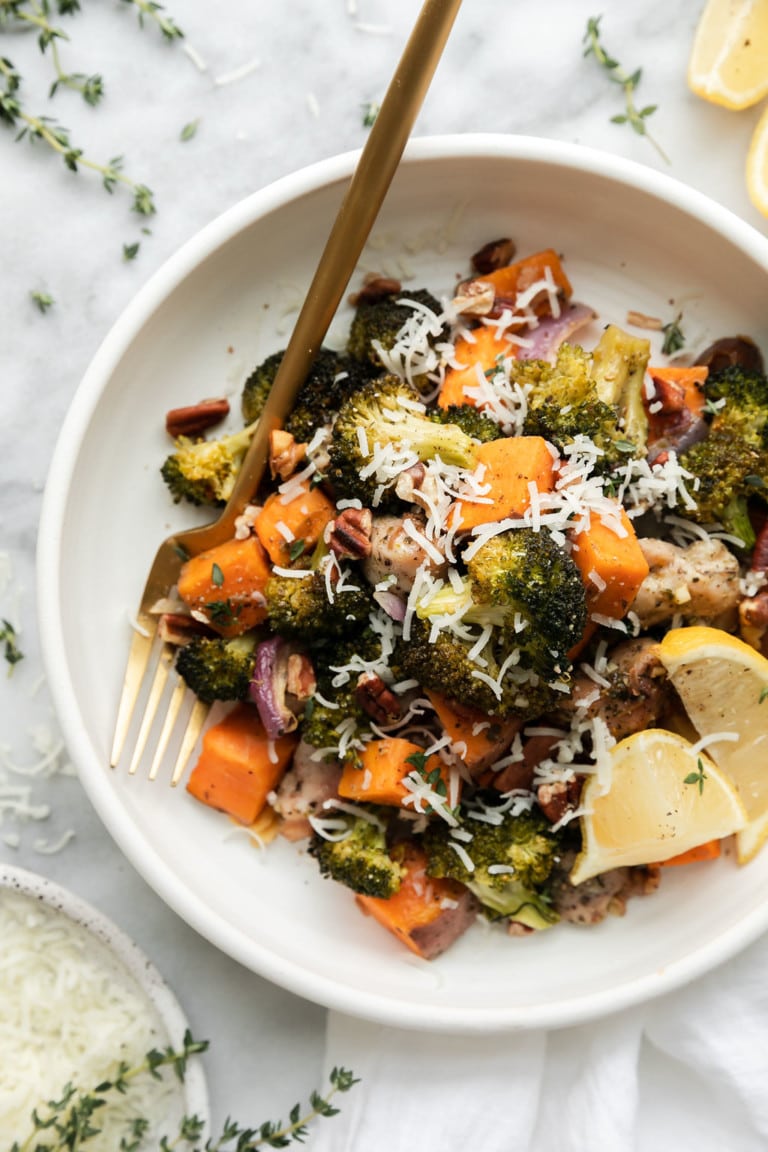 A dish of Chicken Sweet Potato Bake with Broccoli. 