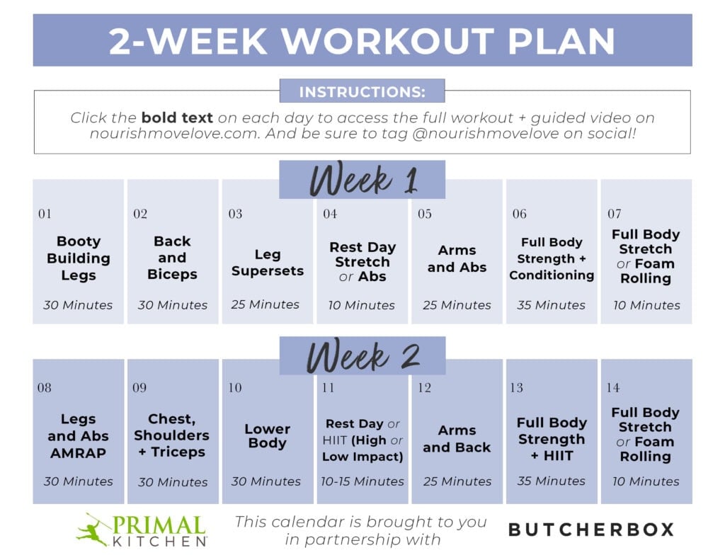 Calendar for 2 weeks of a workout plan as part of a 2-Week Meal Plan and Workout Plan. 