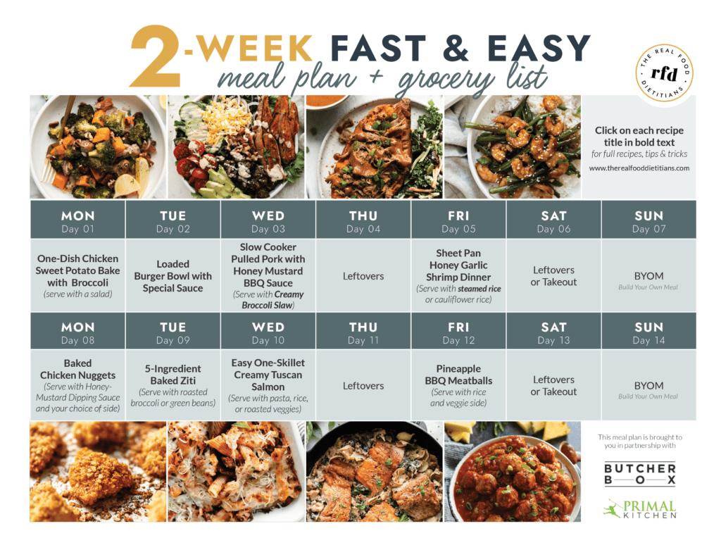 A 2-week fast and easy meal plan in a calendar layout with images of each recipe for the meal plan. 