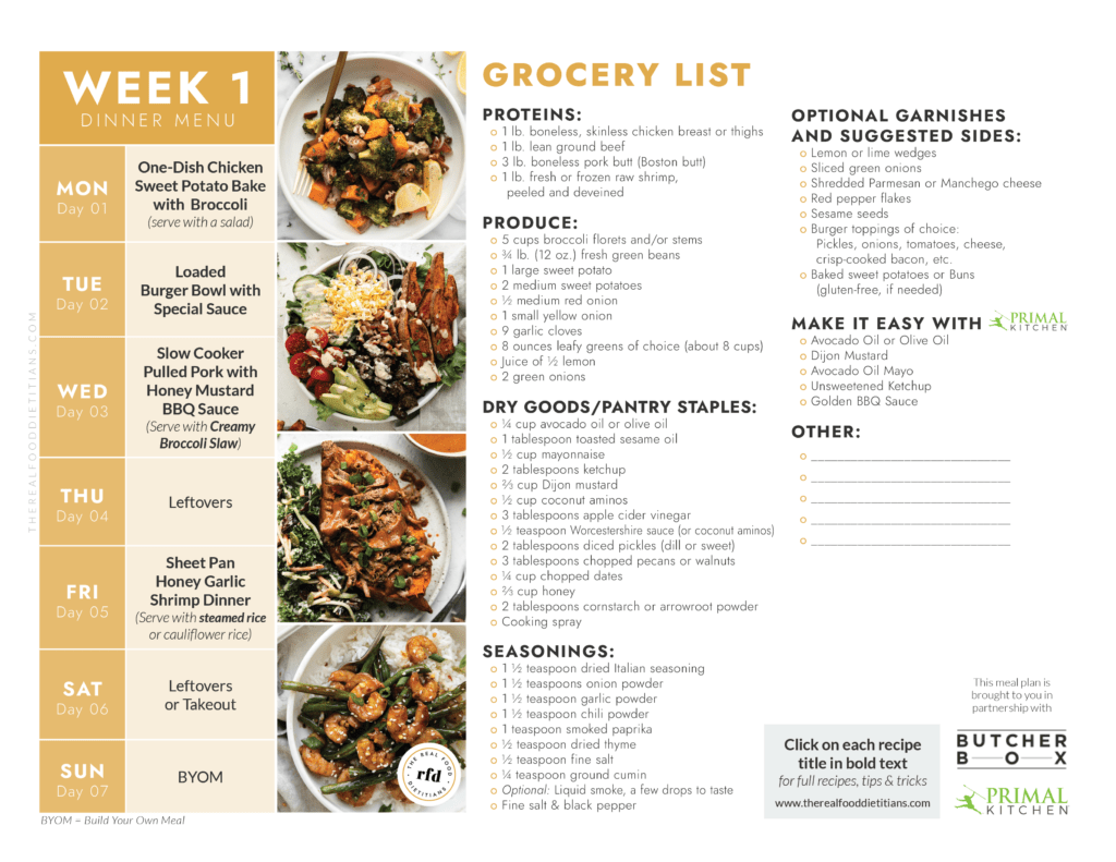 Printable calendar with week 1 meals with full grocery list and images of meals for our 2-Week Meal Plan and Grocery List.