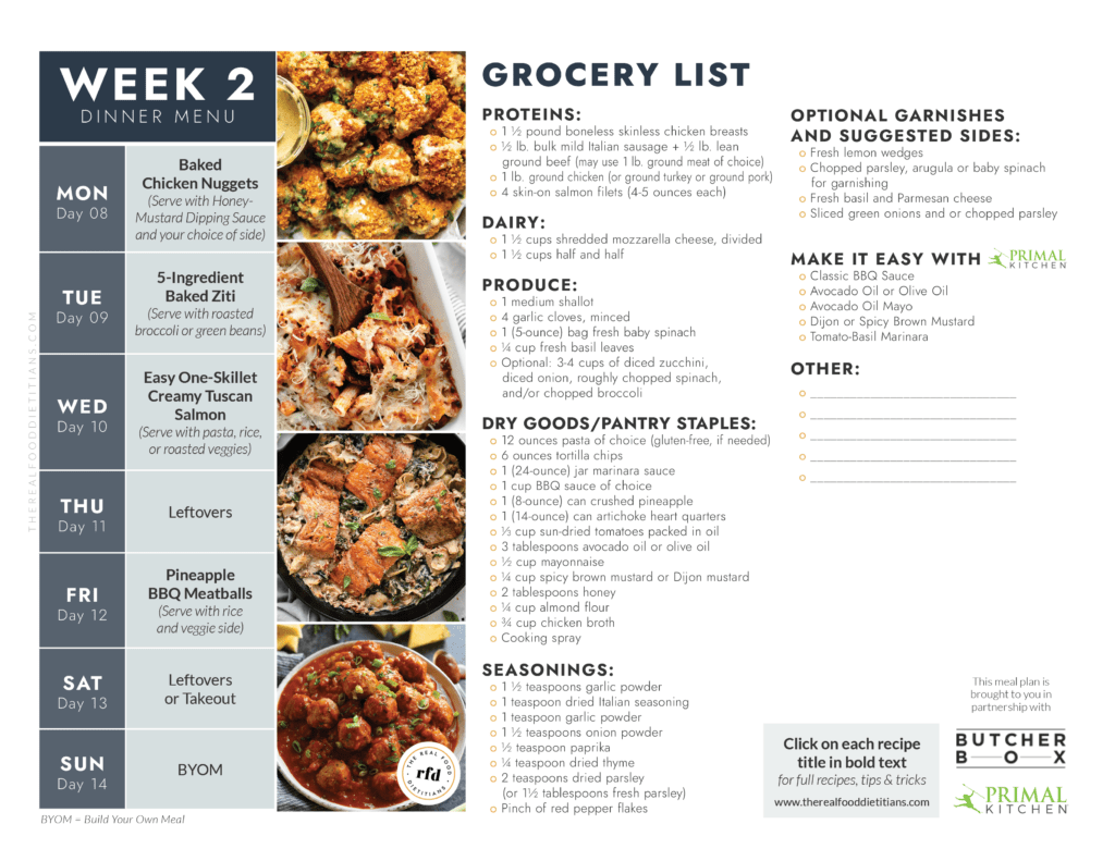Calendar layout of week 2 menu for our 2-Week Fast and Easy Meal Plan with images of meals for the week and full grocery list. 