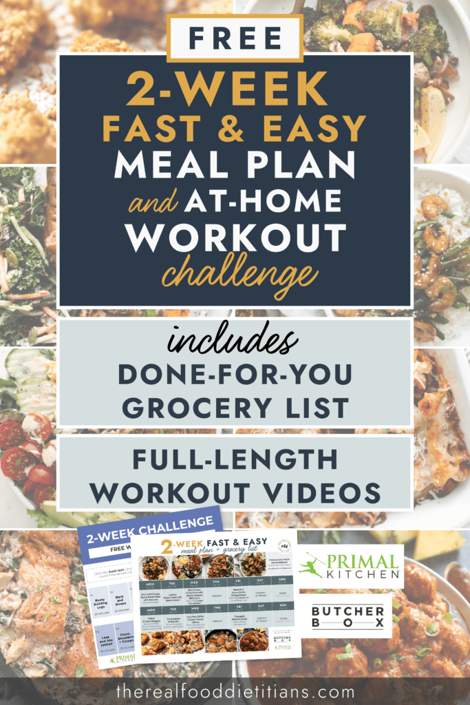A collage of healthy recipes with text overlay for our 2-Week Fast and Easy Meal Plan and At-Home Workout Challenge.