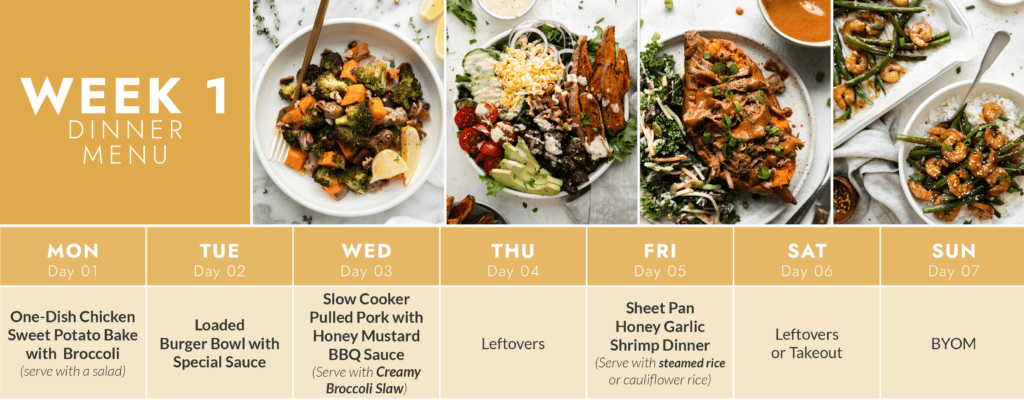 Week one calendar meal plan with images of meals for our 2-Week Fast and Easy Meal Plan.