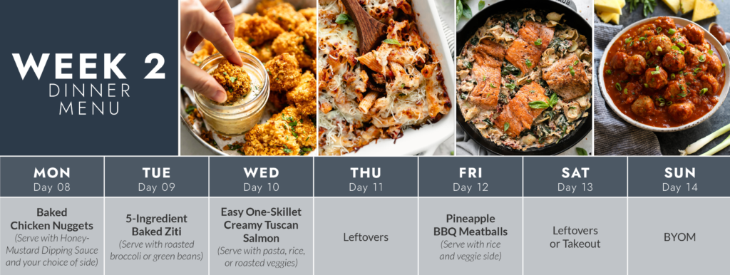 Week 2 calendar layout with images of meals for the week for our 2-Week Fast and Easy Meal Plan and Grocery List. 